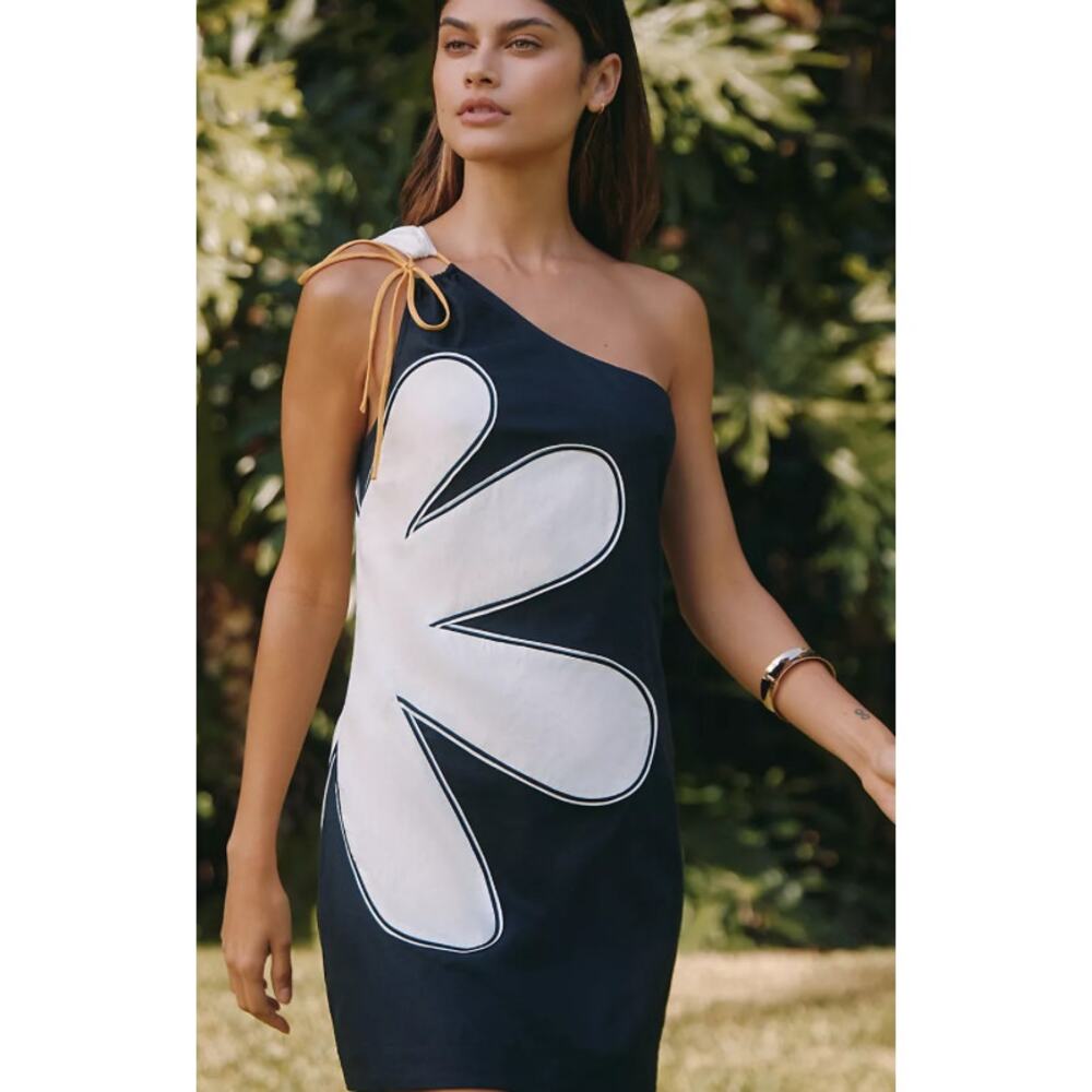 FARM Rio Navy One-Shoulder Mini Dress with White Daisy and Yellow Tie